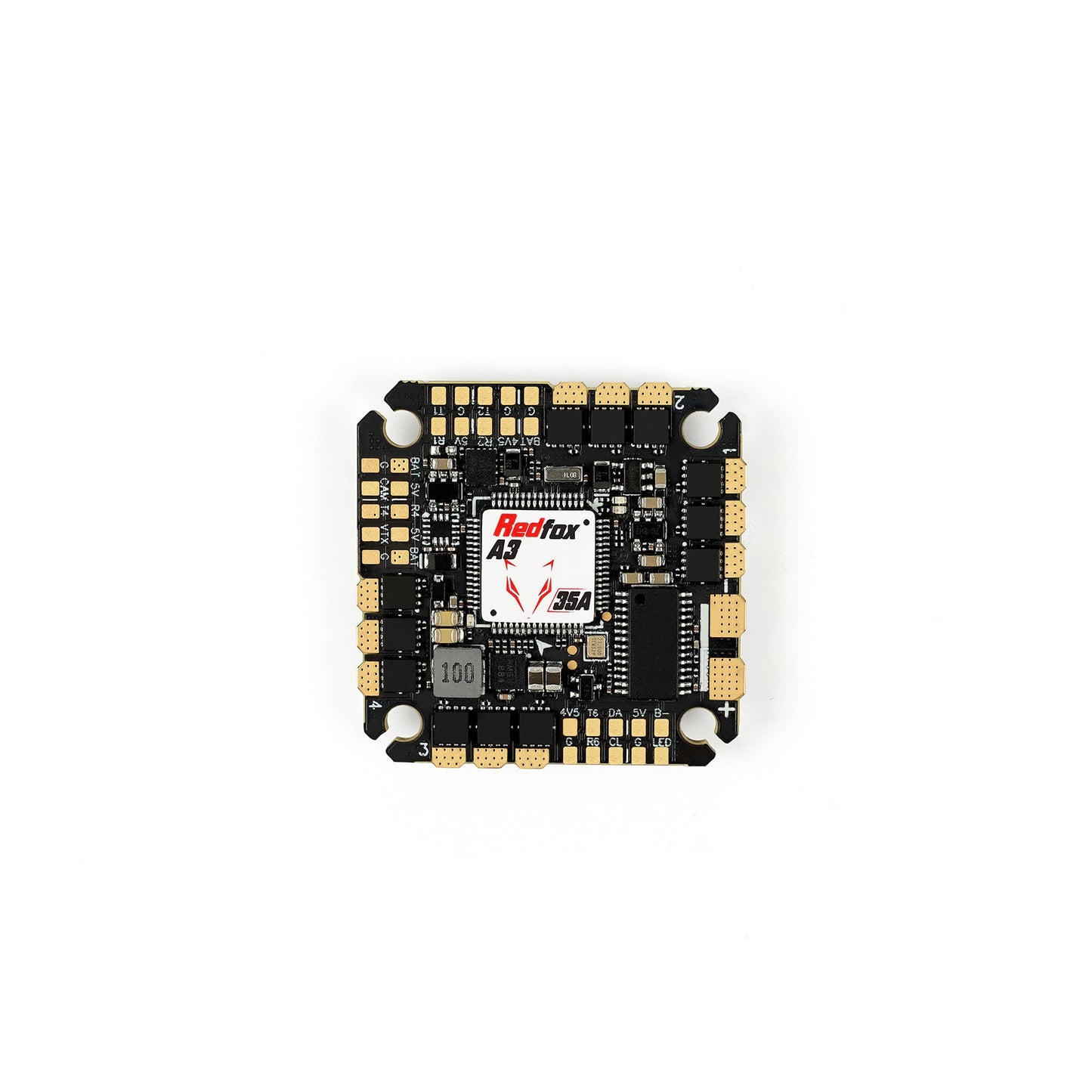 Redfox A3 F722 AIO Flight Controller top-down view showing layout, pads, and mounting holes