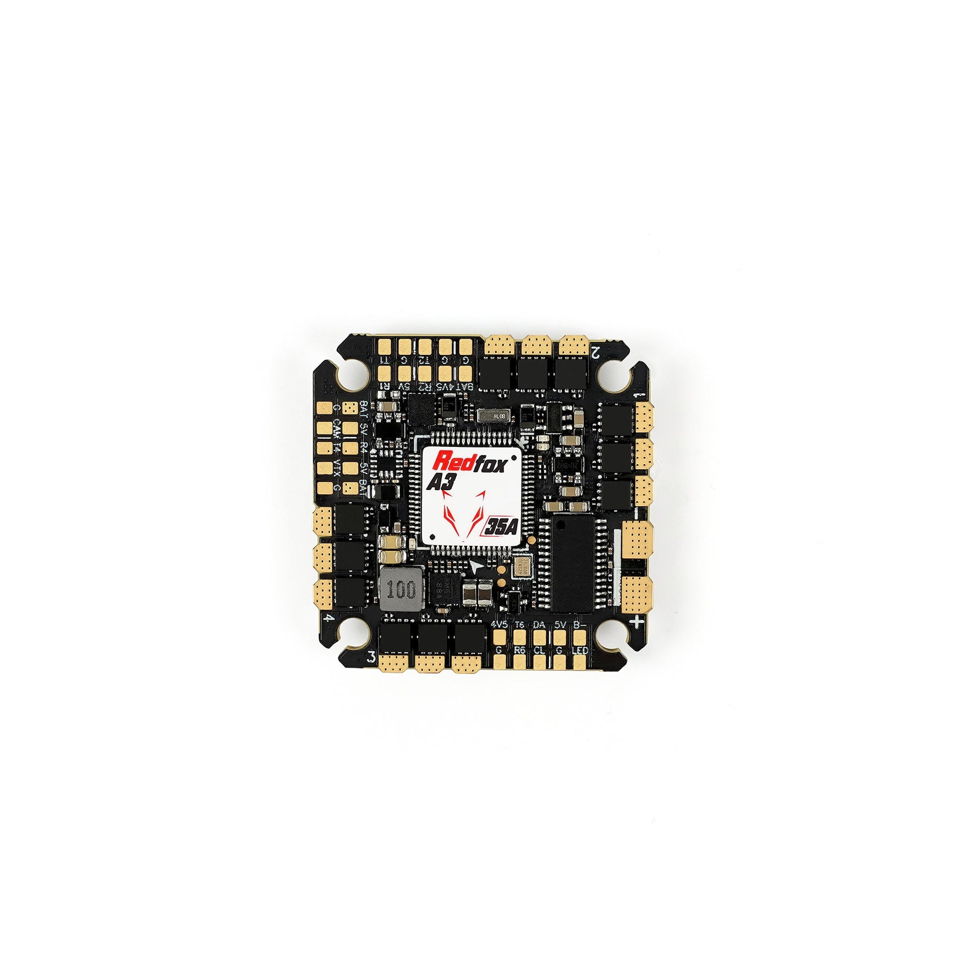 Redfox A3 F722 AIO Flight Controller top-down view showing layout, pads, and mounting holes