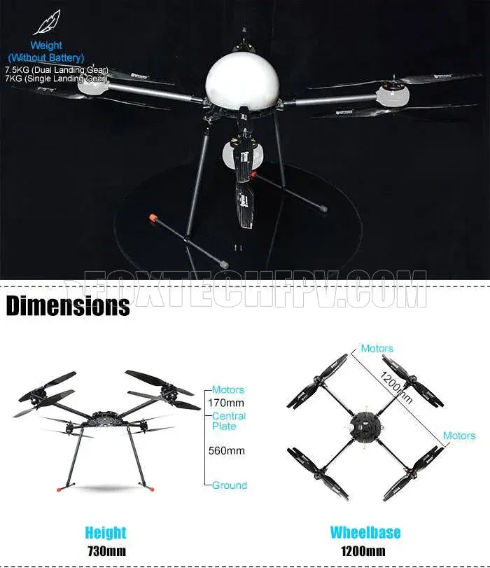 Foxtech D130 X8 V2 Octocopter, Industrial drone with heavy-lift capabilities and 8-axis control for maximum takeoff weight of 24kg.