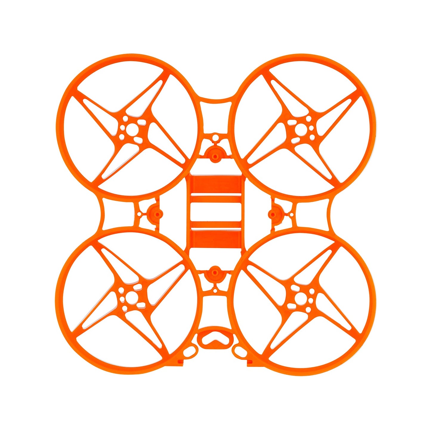 Orange 75mm ducted whoop frame, top view showing prop guard rings and center plate