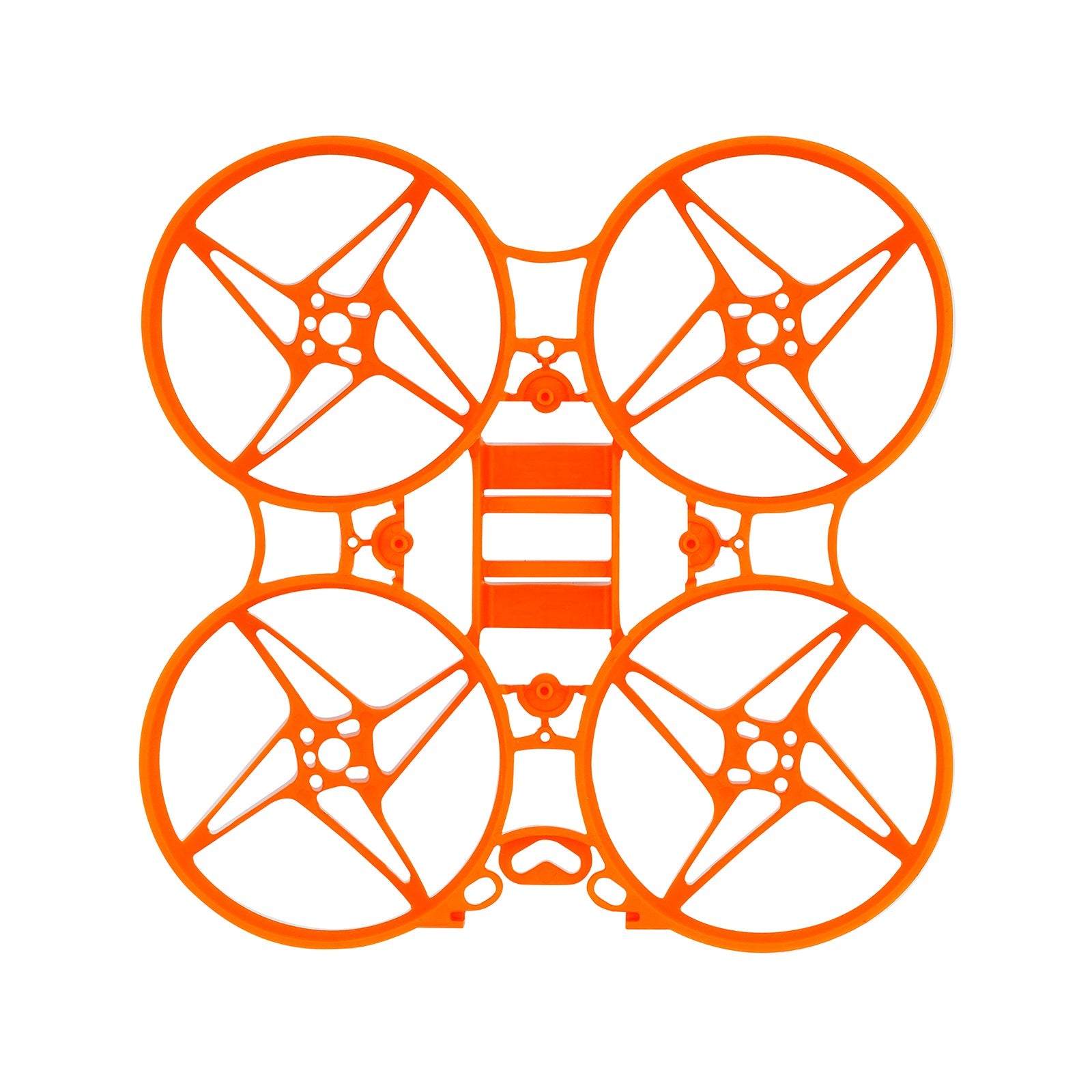 Orange 75mm ducted whoop frame, top view showing prop guard rings and center plate