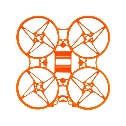 Orange 75mm ducted whoop frame, top view showing prop guard rings and center plate