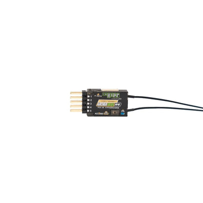 FrSky Archer Plus R6 2.4GHz receiver front view with label, dual antennas and 6 PWM pin header