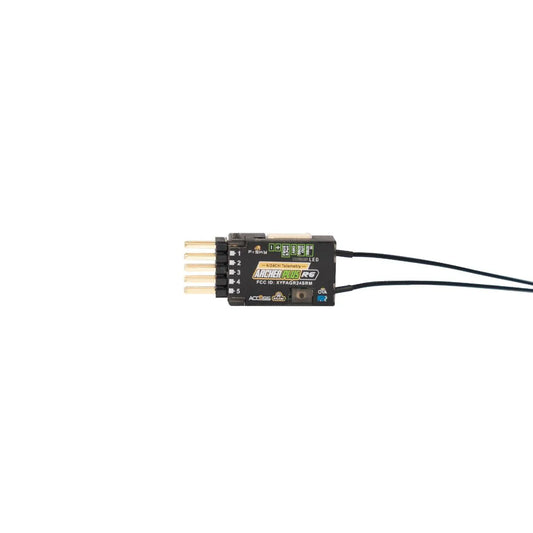 FrSky Archer Plus R6 2.4GHz receiver front view with label, dual antennas and 6 PWM pin header