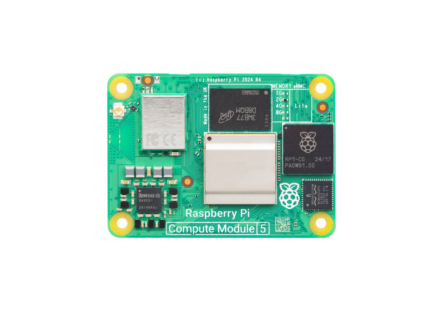 Raspberry Pi Compute Module 5 CM5108016 – 8GB, 16GB eMMC, 2.4/5GHz Wi‑Fi/Bluetooth 5.0, Dual 4K HDMI