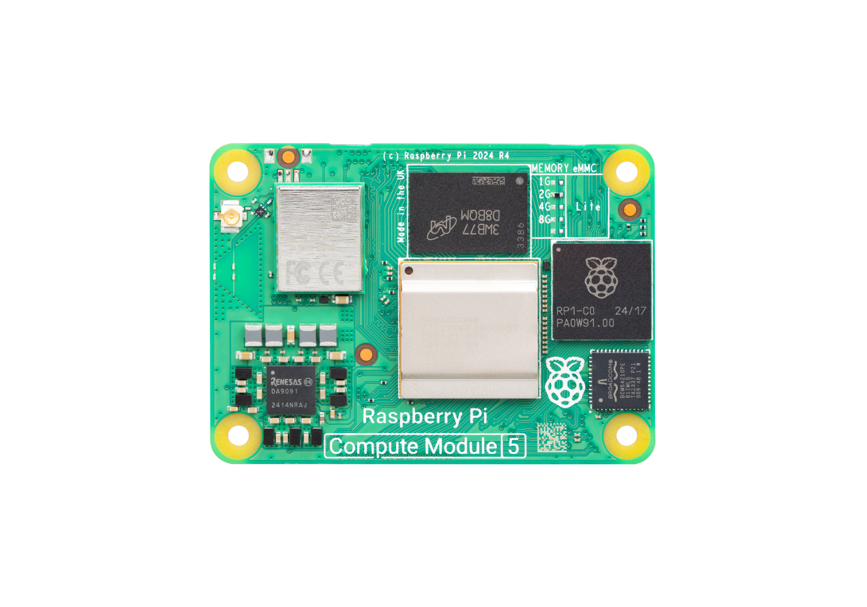 Raspberry Pi Compute Module 5 CM5108016 – 8GB, 16GB eMMC, 2.4/5GHz Wi‑Fi/Bluetooth 5.0, Dual 4K HDMI