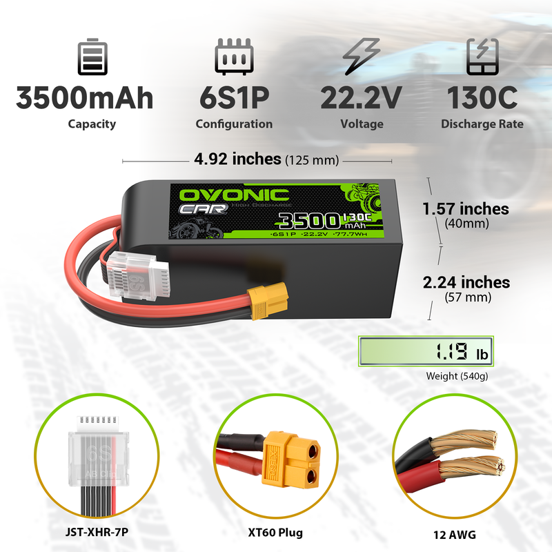 Size and specs chart: 3500mAh 6S1P 22.2V 130C LiPo with dimensions, 540g weight, XT60, JST-XHR-7P, 12AWG