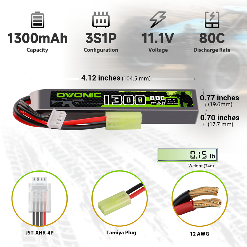 Ovonic 3S 11.1V 1300mAh 80C LiPo battery size and weight chart with Tamiya plug and JST-XHR-4P balance lead