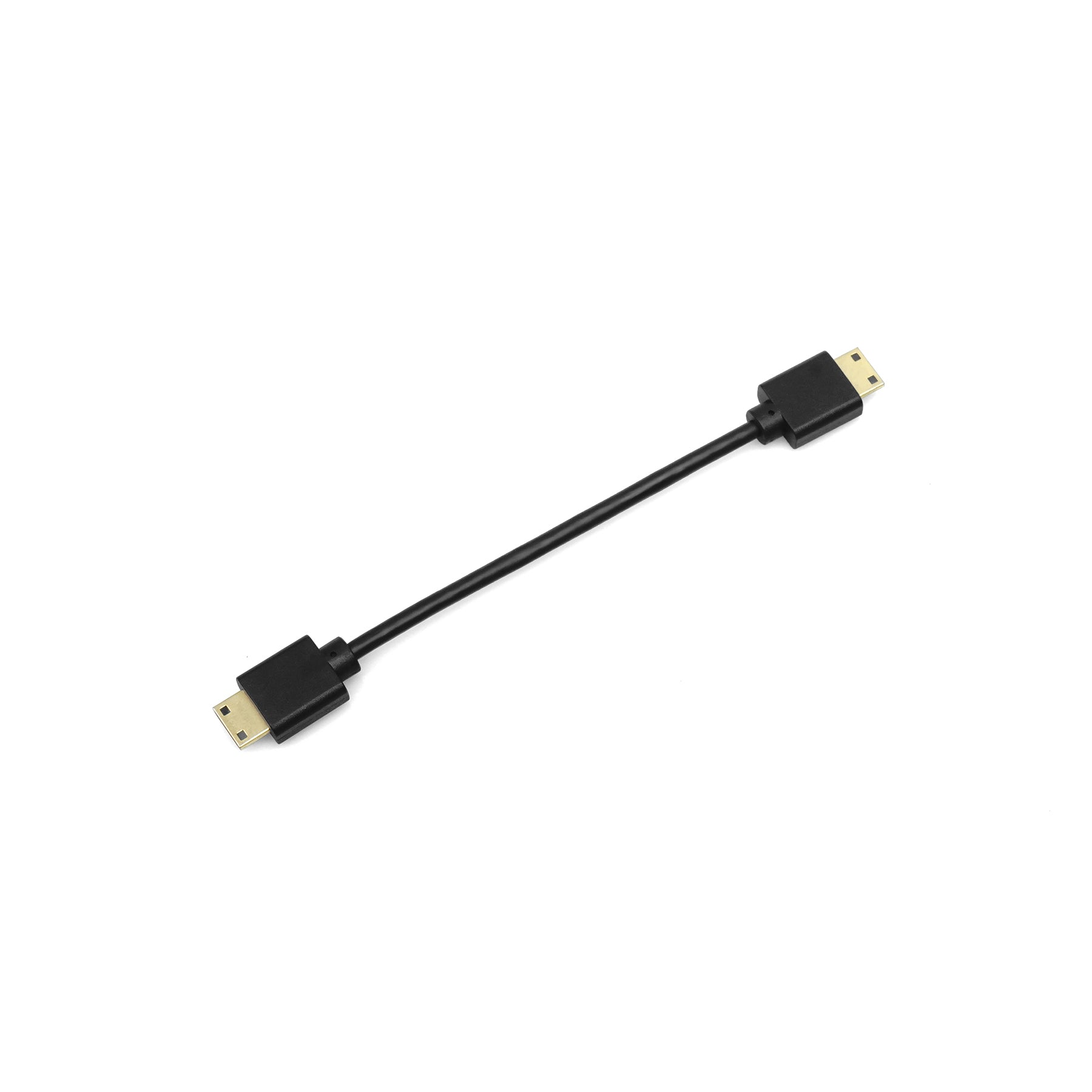 Short black mini HDMI to mini HDMI cable, angled view showing slim cable and molded connector housings
