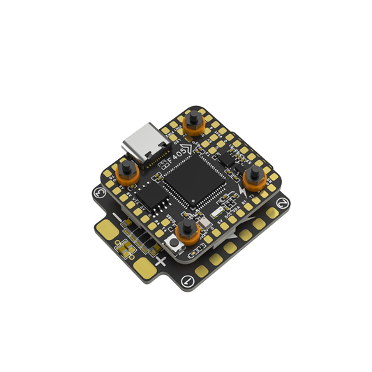 OddityRC F405 Mini 40A Stack (AM32) flight controller board, angled view with USB-C and soft mounts