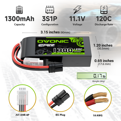 OVONIC 3S 11.1V 1300mAh 120C LiPo battery size and specs infographic, IEC plug, JST-XHR-4P, 18AWG