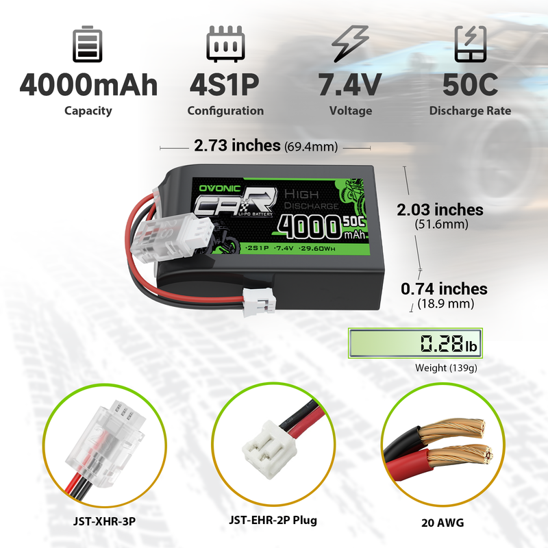 OVONIC 4000mAh 2S 50C 7.4V TX LiPo battery size, weight and connectors shown (JST-XHR-3P, JST-EHR-2P)