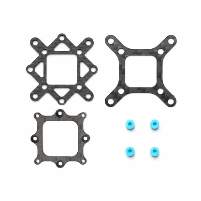 Adapter plate kit contents: three carbon fiber mounting plates with four blue spacers