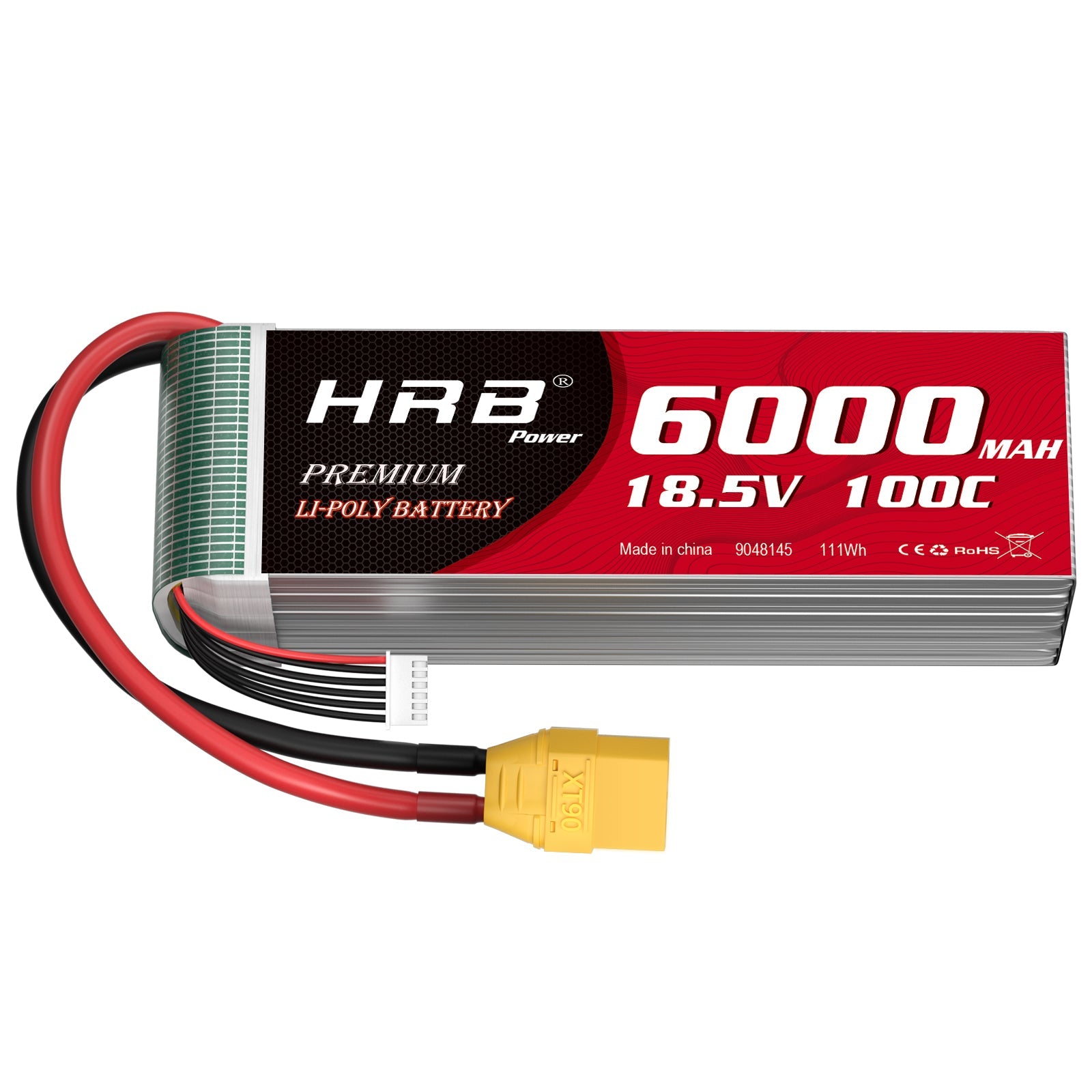 HRB 5S 18.5V 6000mAh 100C LiPo battery pack with XT90 plug and balance lead, side label view