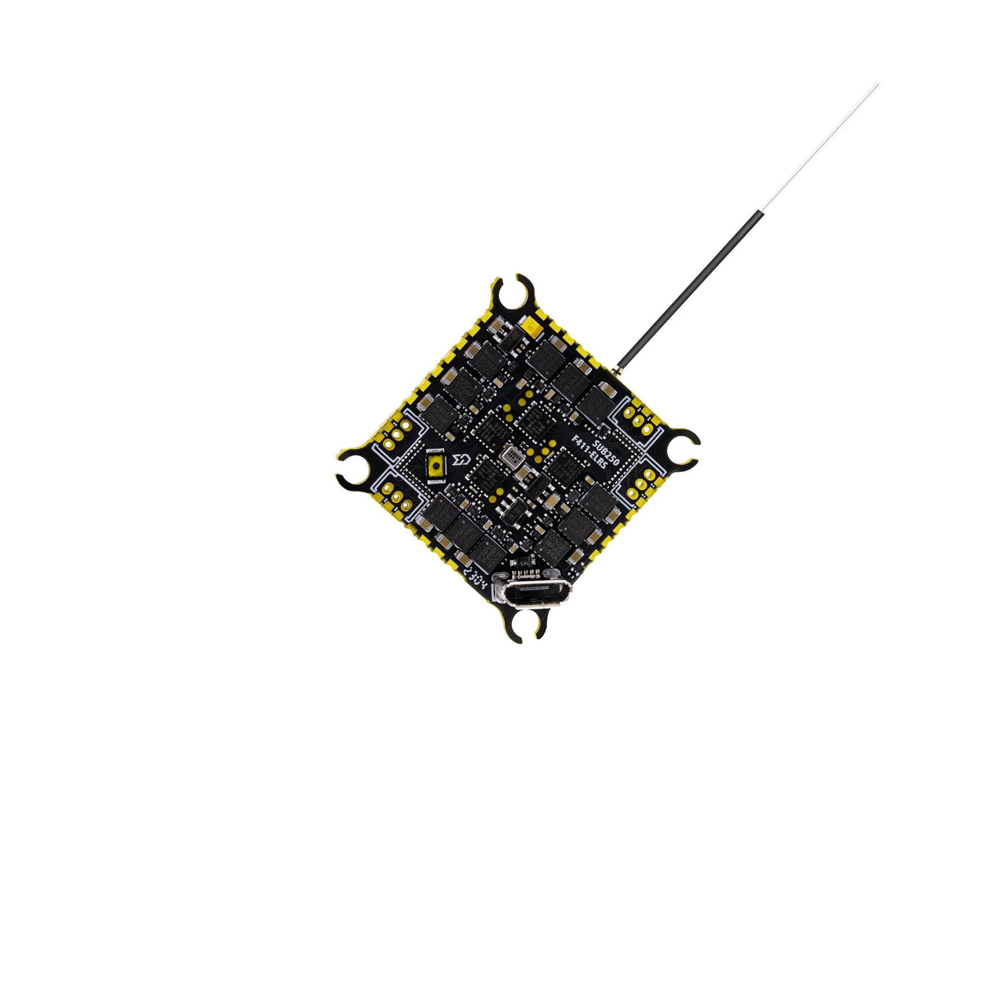 Sub250 Redfox A2 12A AIO Flight Controller top view with ELRS receiver antenna on white