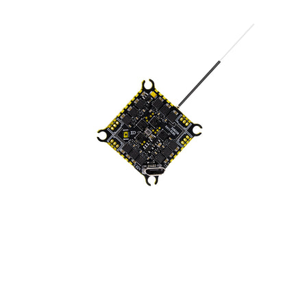 Sub250 Redfox A2 12A AIO Flight Controller top view with ELRS receiver antenna on white