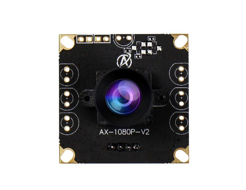 Front close-up of AX-1080P-V2 camera module lens on PCB with four mounting holes