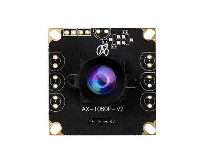 Front close-up of AX-1080P-V2 camera module lens on PCB with four mounting holes