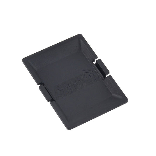 Module Bay Cover, black plastic clip-in cover with embossed logo, top view on white background
