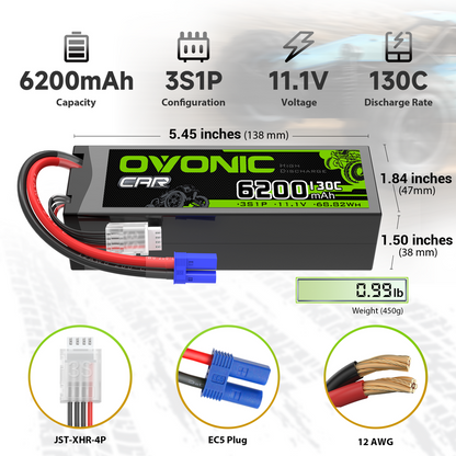 OVONIC 3S 6200mAh 11.1V 130C hardcase LiPo battery size and connector specs (EC5, JST-XHR-4P)