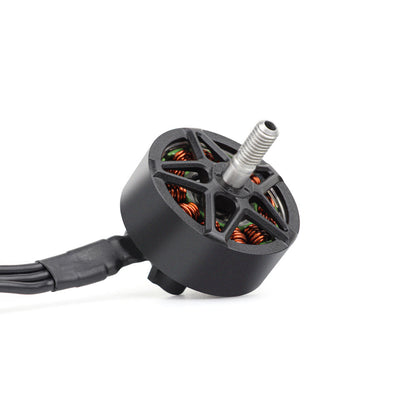 Angled view of MY 2810 motor showing open top cage, copper windings, and wire lead