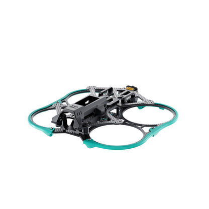 Sub250 DollyFly25 O3 frame kit assembled view with carbon frame and teal duct guards for 2.5in props