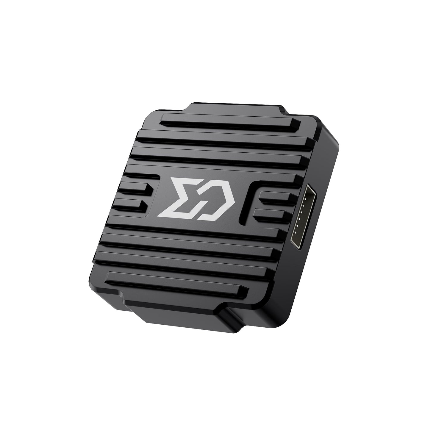 Sub250 Send T1600 VTX angled top view with finned black heatsink and side connector port