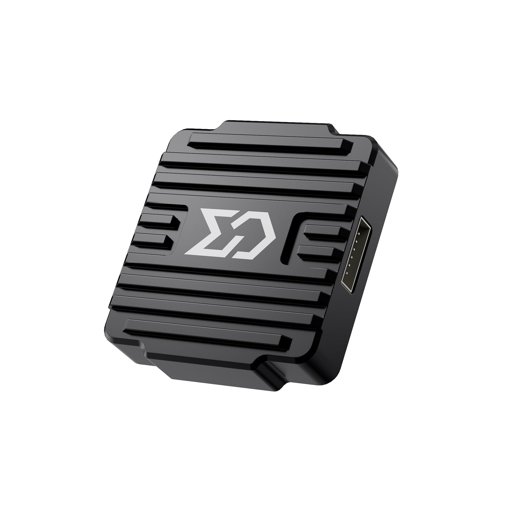 Sub250 Send T1600 VTX angled top view with finned black heatsink and side connector port