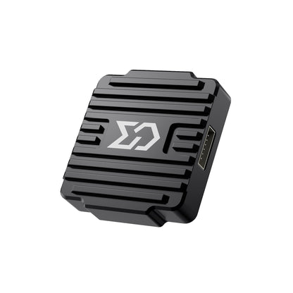 Sub250 Send T1600 VTX angled top view with finned black heatsink and side connector port