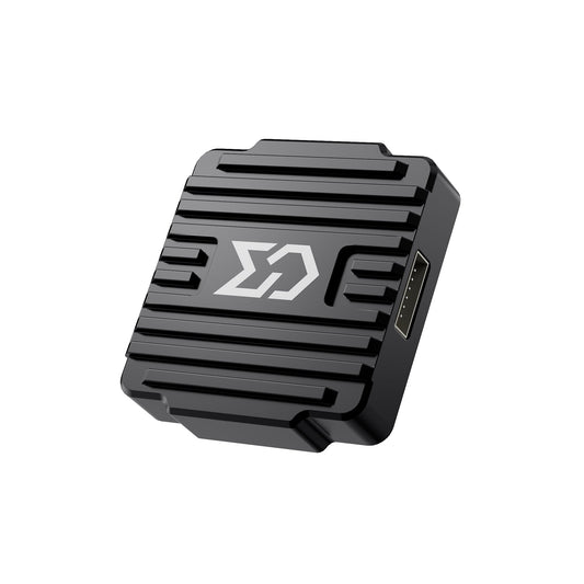 Sub250 Send T1600 VTX angled top view with finned black heatsink and side connector port