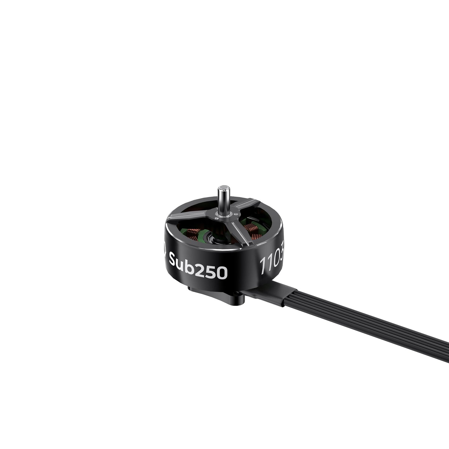 Sub250 1103 14000KV brushless motor top angle view with shaft and three-wire lead