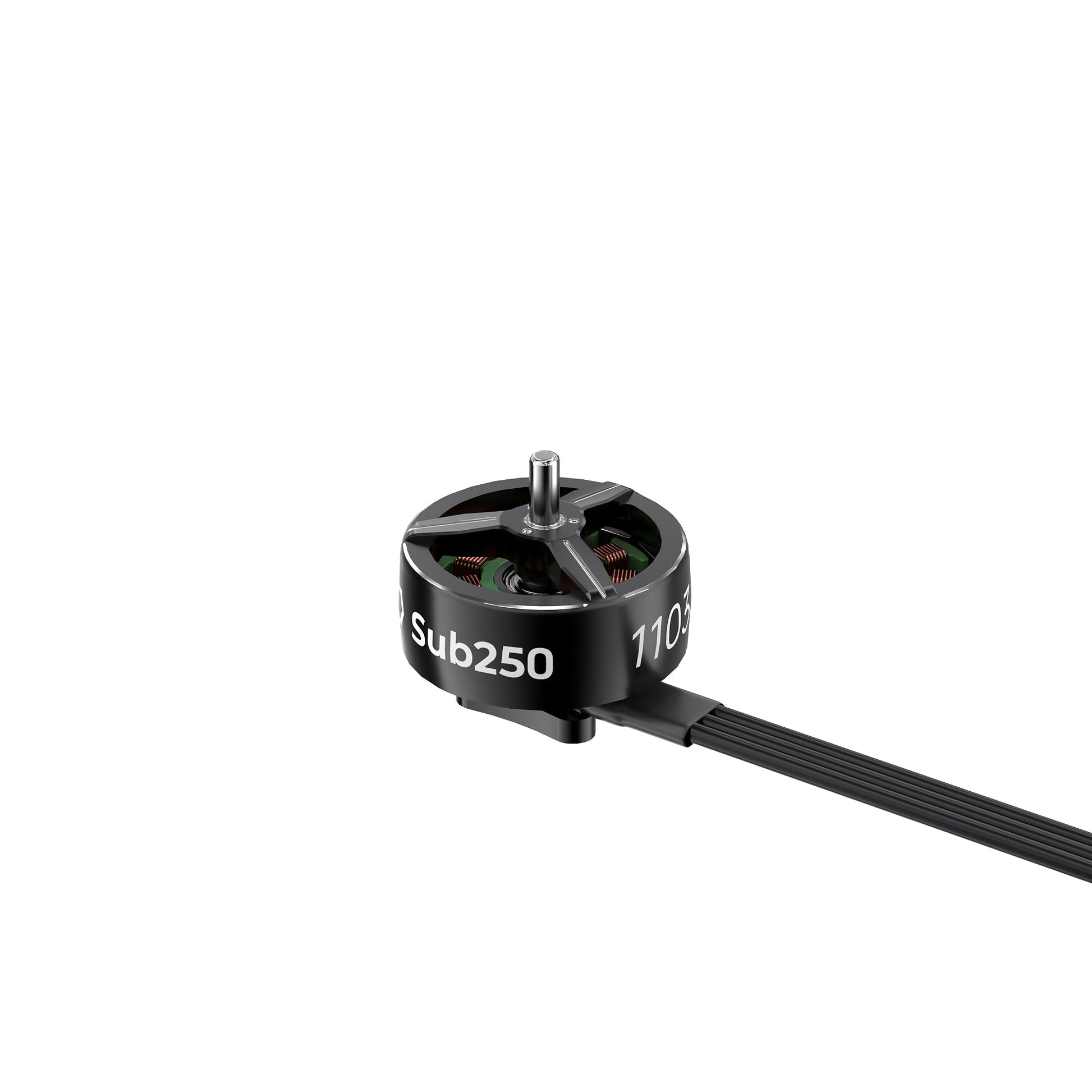 Sub250 1103 14000KV brushless motor top angle view with shaft and three-wire lead