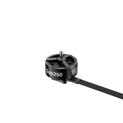 Sub250 1103 14000KV brushless motor top angle view with shaft and three-wire lead