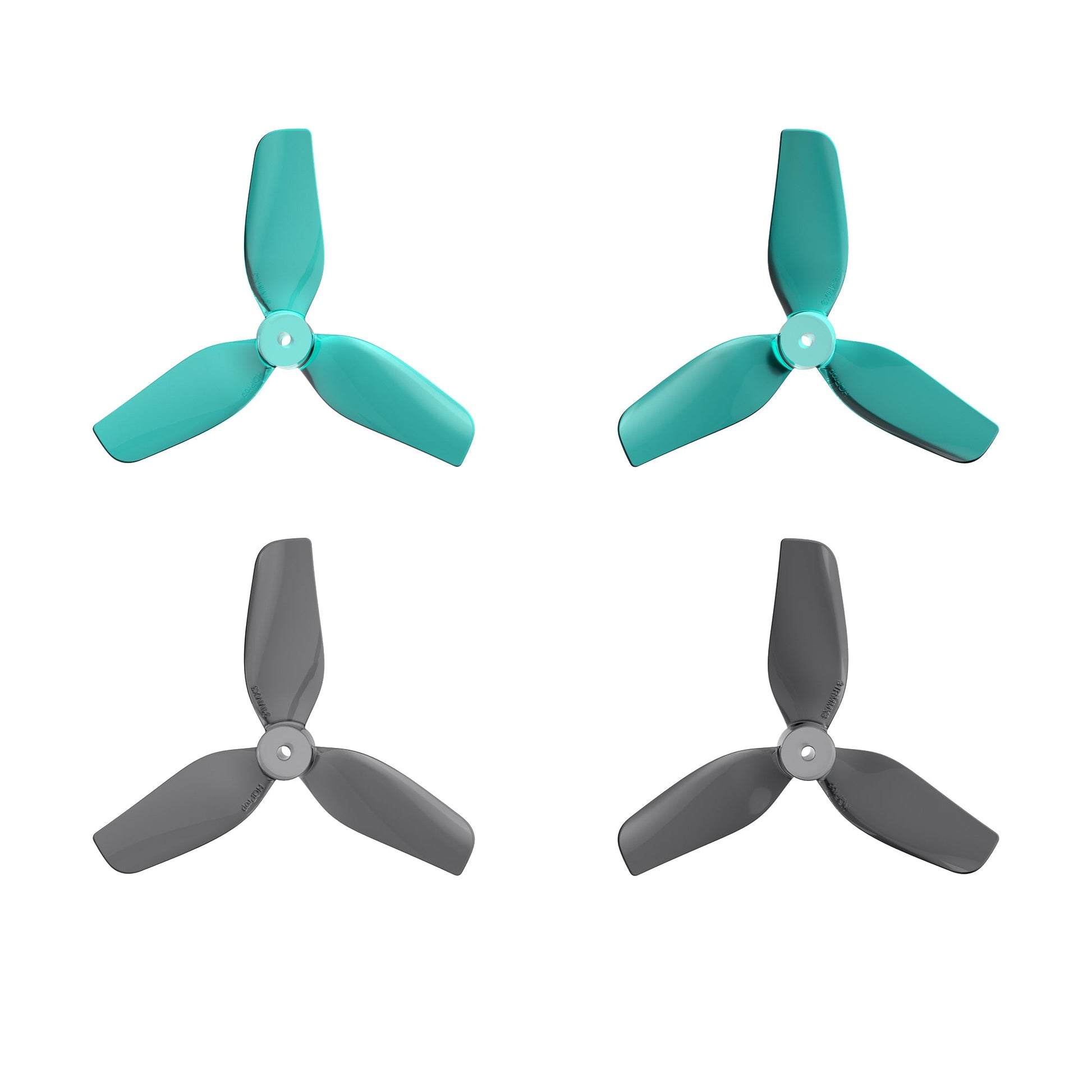 HQ IT31MMX3-PC 31mm 3-blade PC propeller set, teal and gray props shown in CW and CCW pairs