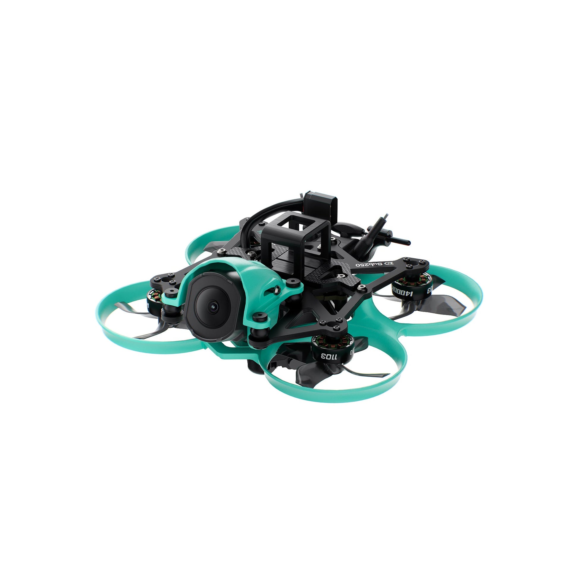 Sub250 DollyFly16 1.6-inch 2S whoop FPV drone, front angle showing camera and teal ducts