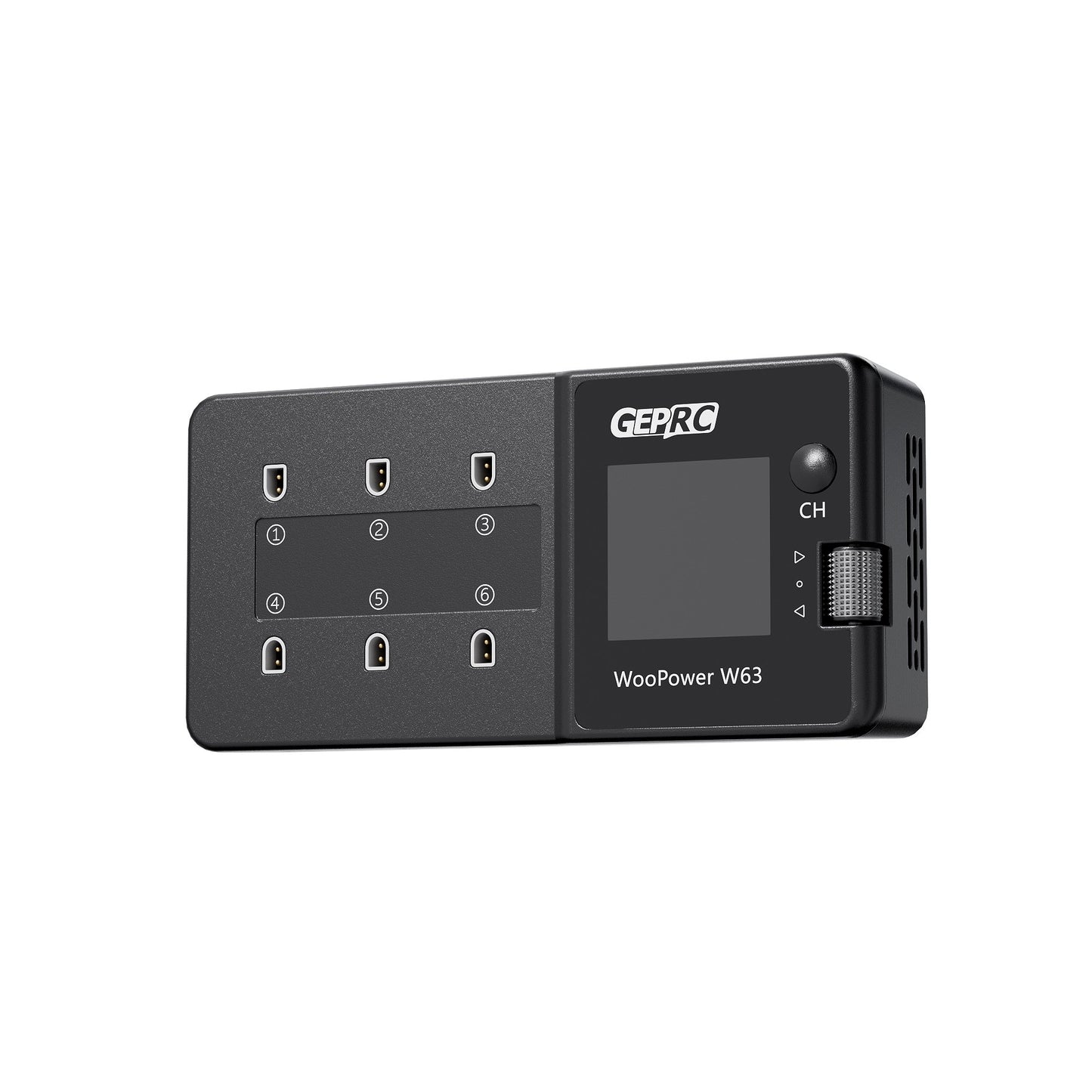 GEPRC WooPower W63 1S Smart Charger – 6 Ports, 3A per Channel, PH2.0/BT2.0/A30, XT60 & USB-C Input, IPS Display