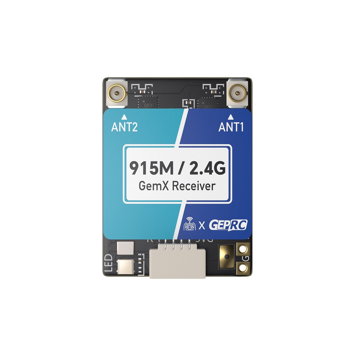 GEPRC ELRS 915M/2.4G Gemini Xrossband Receiver, GEPRC ELRS 915M/2.4G dual-band FPV drone receiver, 100mW, 1000Hz, TCXO, with ANT1/ANT2 labels.