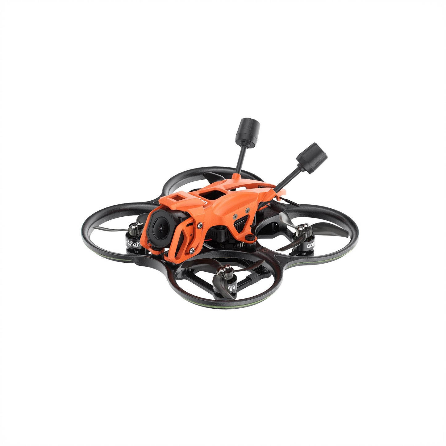 Orange ducted cinewhoop FPV drone with protective prop guards, front camera, and dual antennas