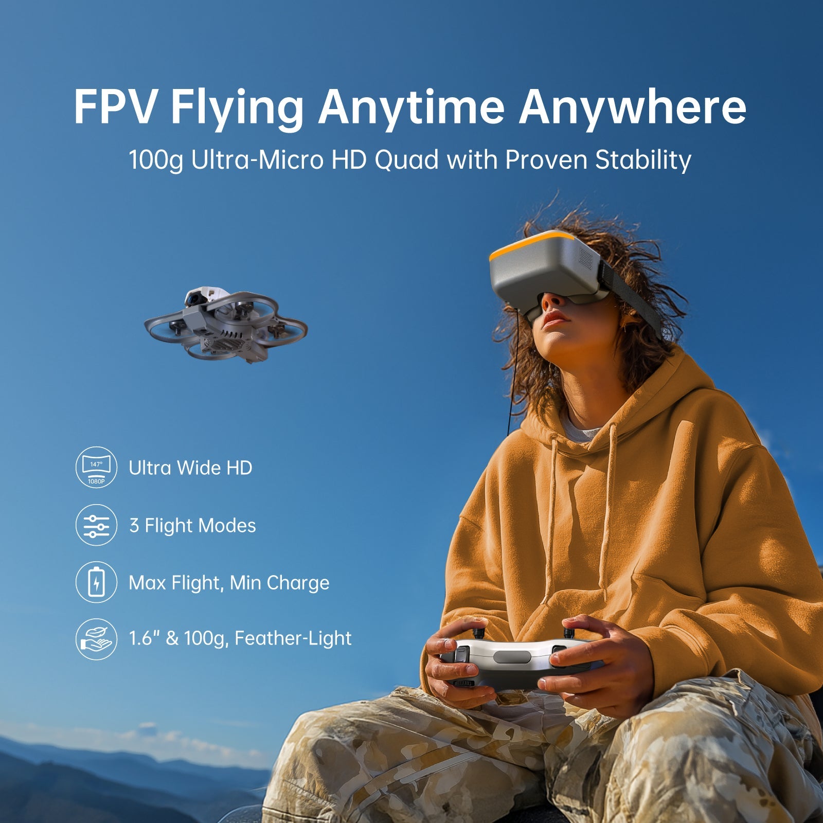 CaddxFPV, Ultra-light 100g FPV drone with HD goggles, 3 flight modes, 147° view, long flight time, and quick charging.