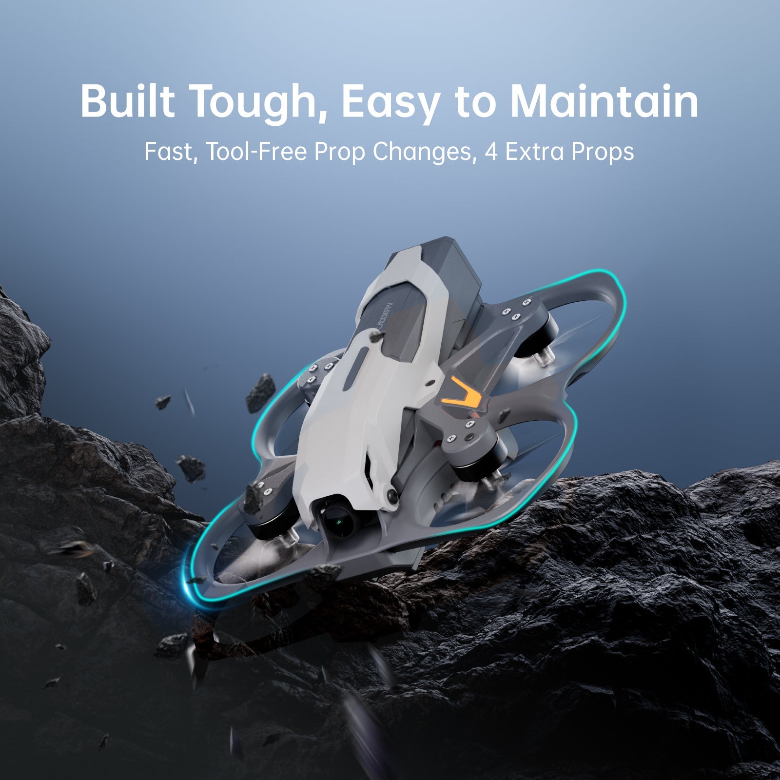 CaddxFPV, Durable, low-maintenance drone with quick, tool-free prop changes and four spare props for reliable operation.