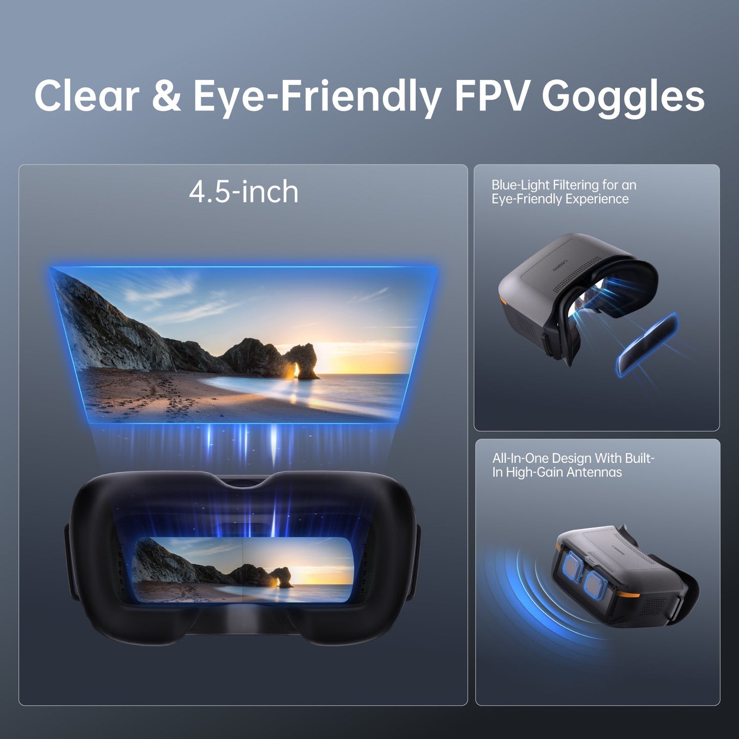 CaddxFPV, Eye-friendly FPV goggles with 4.5-inch display, blue-light filtering, and high-gain antennas for immersive flying.