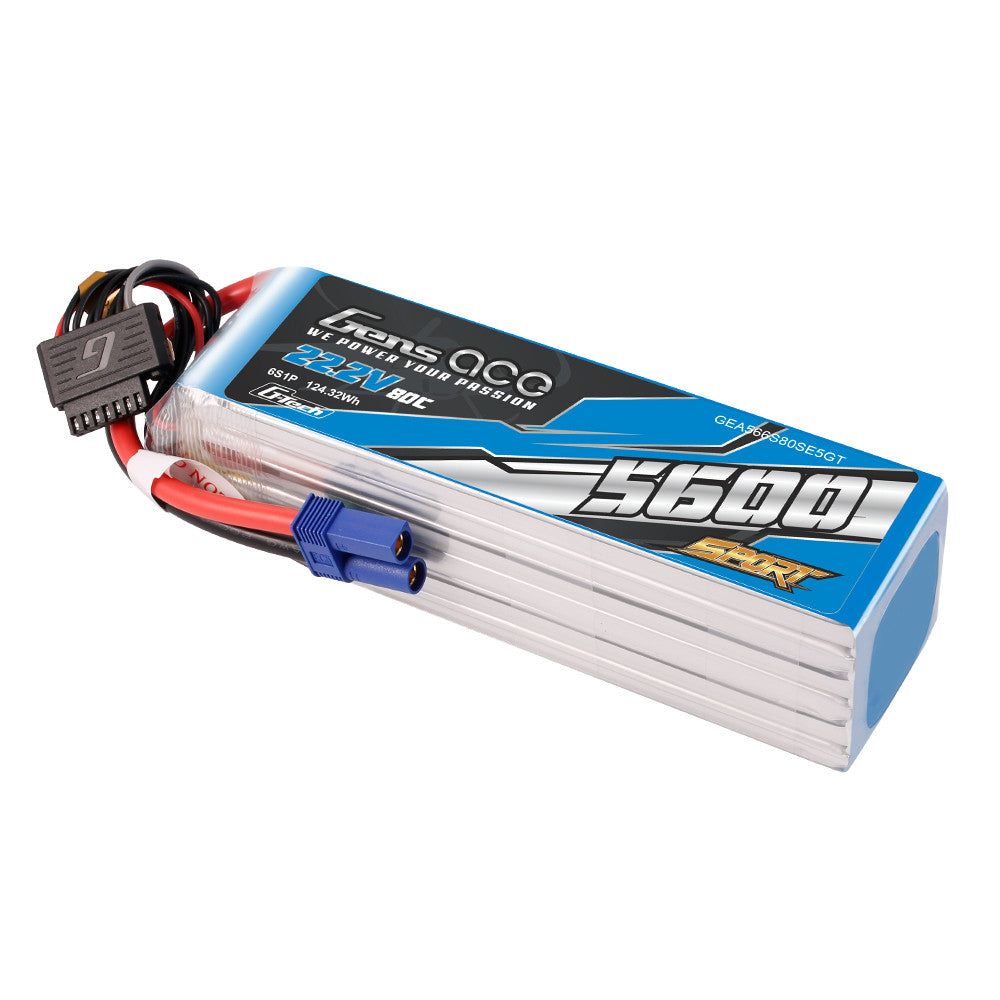 Gens ace Sport 5600mAh 6S 22.2V 80C LiPo battery pack with EC5 connector and 6S balance lead