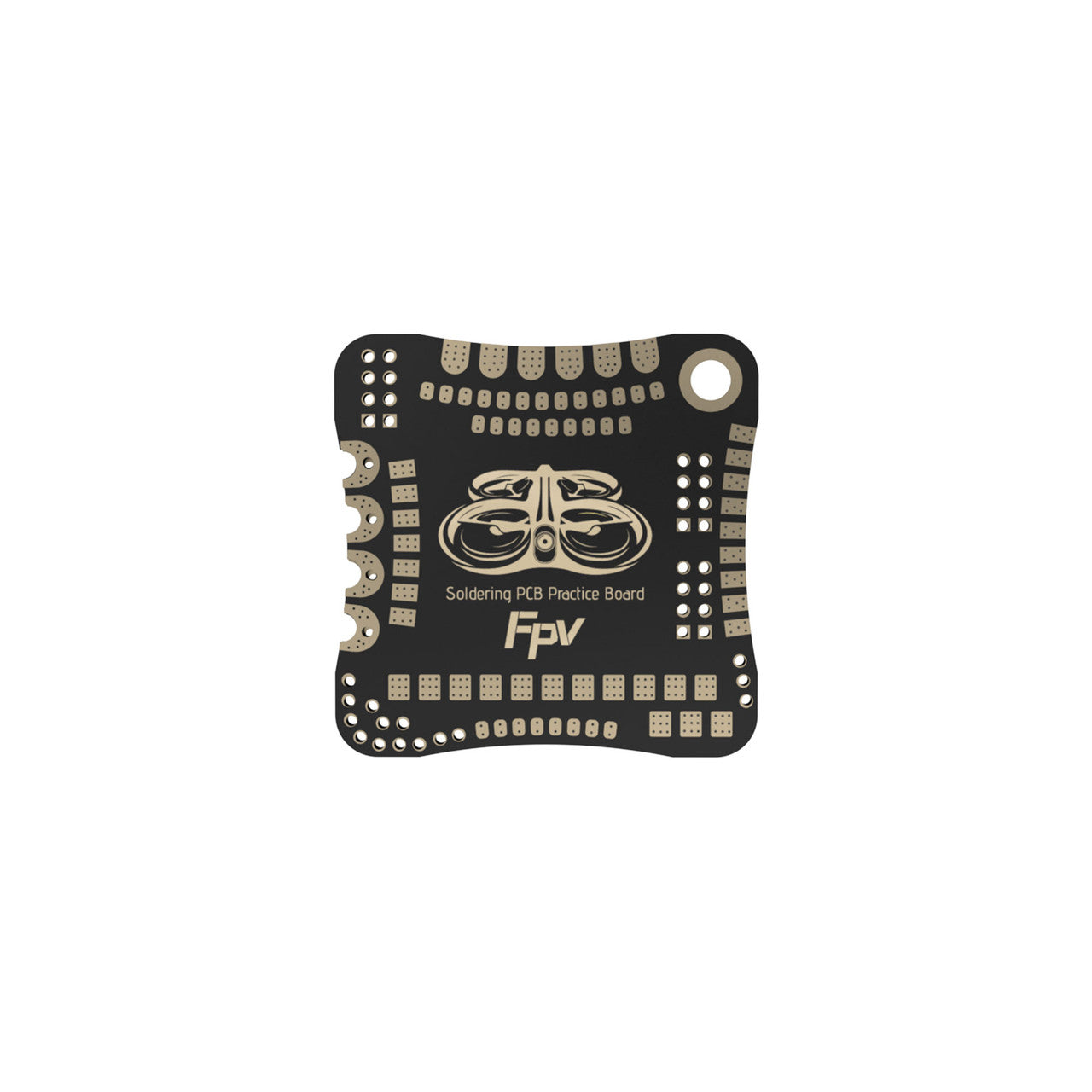 SpeedyBee FPV soldering PCB practice board with multiple solder pads, through-holes, and FPV logo