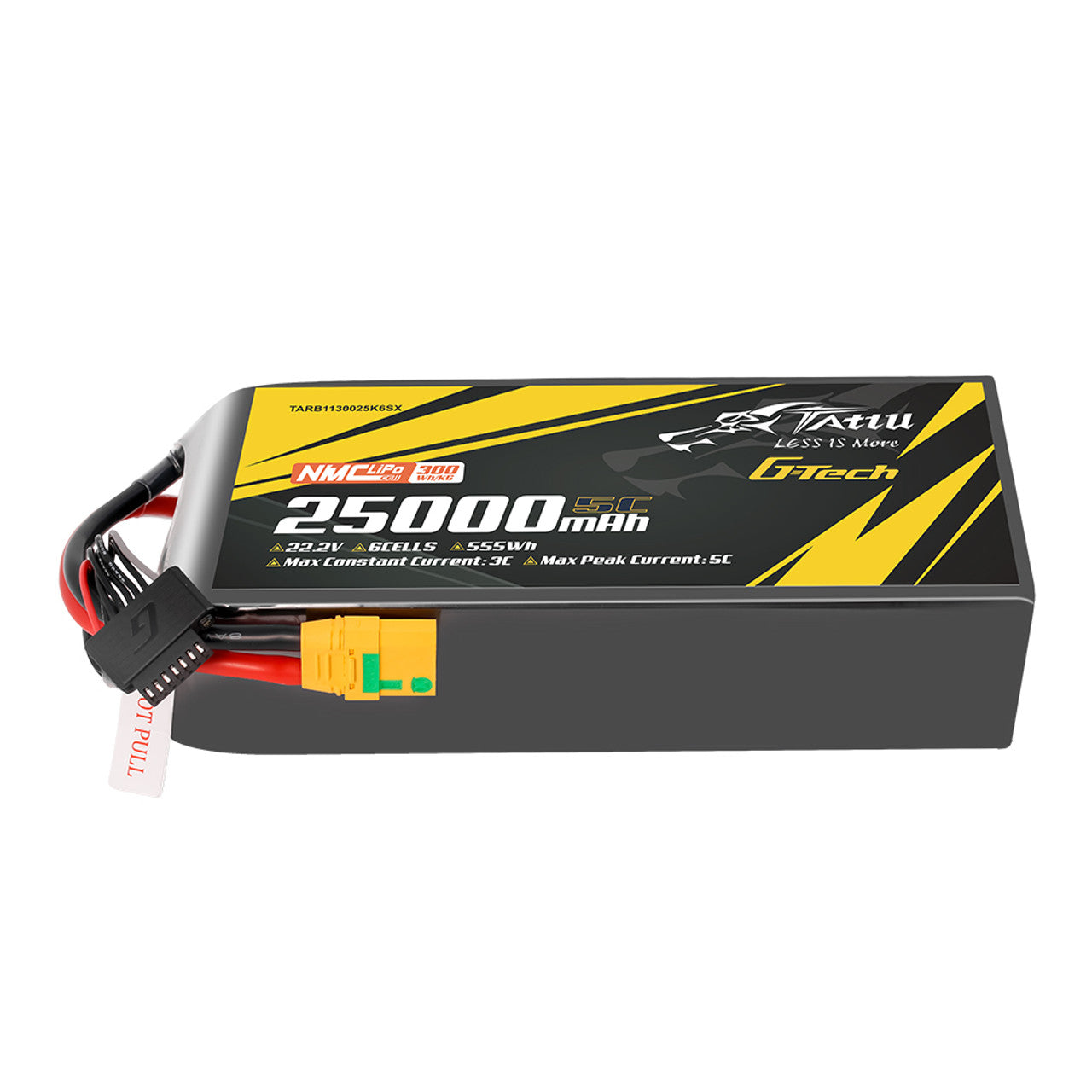 Tattu G-Tech 25,000mAh 6S LiPo battery: 22.2V, 555Wh, 5C, XT90S plug, 300Wh/kg energy density, 2048g weight, NMC cells, max 3C continuous/5C peak current.