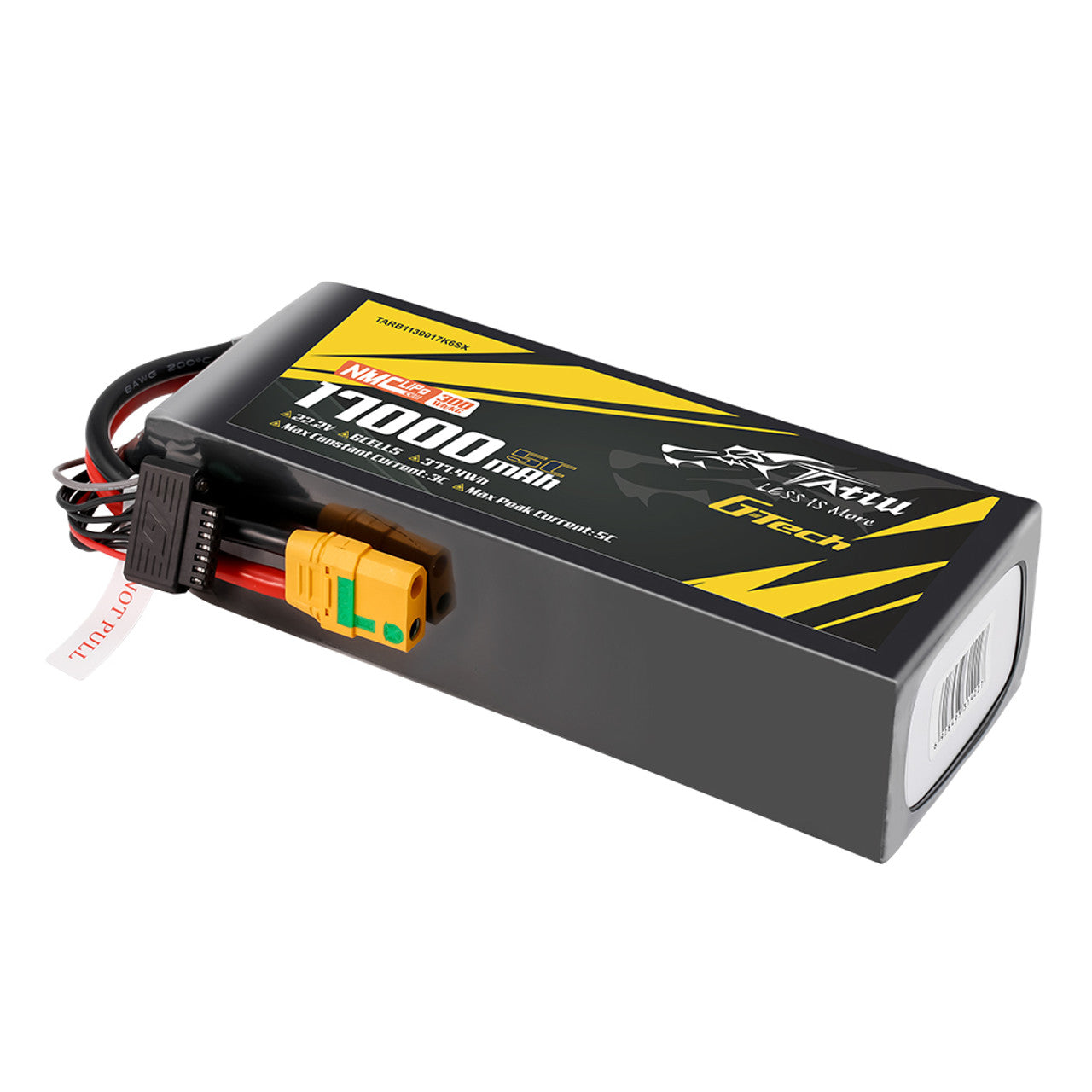 Tattu G-Tech 17000mAh 6S LiPo battery with 22.2V, 5C rating, XT90-S connector, NMC-3 cells, 3774Wh capacity, max 3C continuous and 5C peak discharge current.