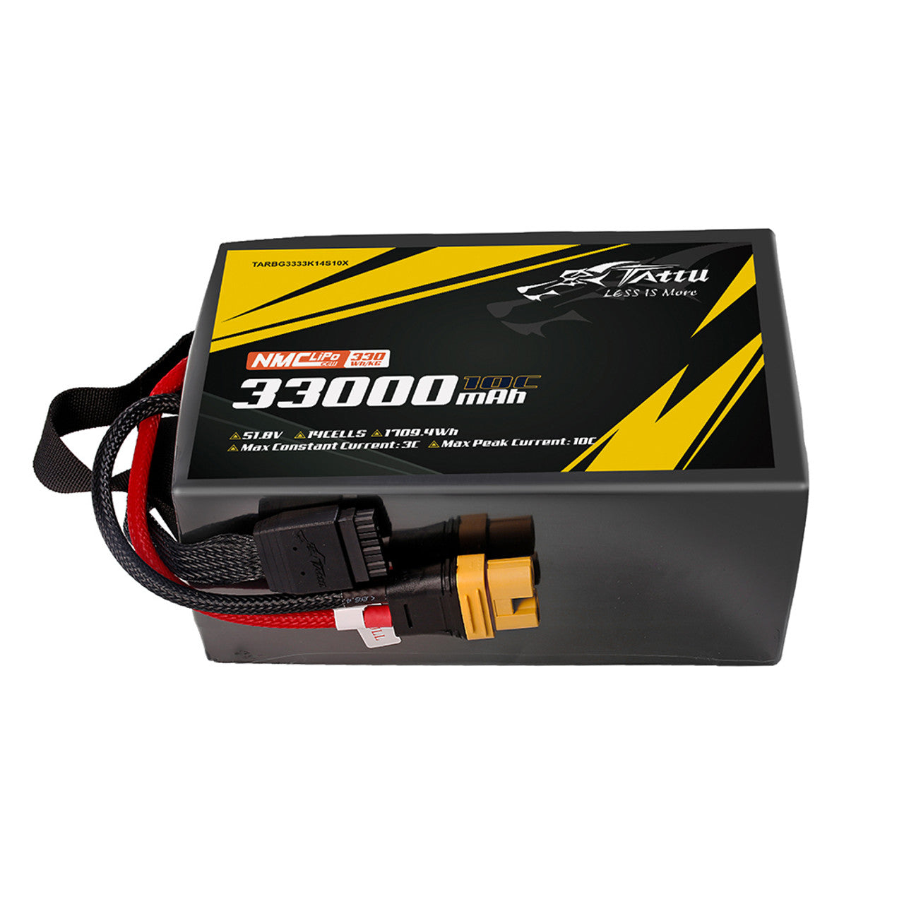 Tattu Semi-solid State LiPo Battery, Tattu 33000mAh 14S1P NMC LiPo battery, 51.8V, 330Wh/kg, 1709.4Wh capacity, 3C continuous/10C peak discharge, AS150U-F plug, black-yellow design.