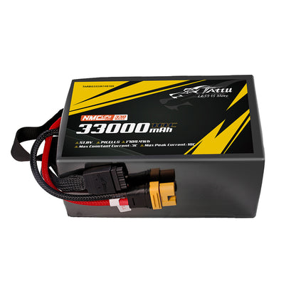 Tattu Semi-solid State LiPo Battery, Tattu 33000mAh 14S1P NMC LiPo battery, 51.8V, 330Wh/kg, 1709.4Wh capacity, 3C continuous/10C peak discharge, AS150U-F plug, black-yellow design.