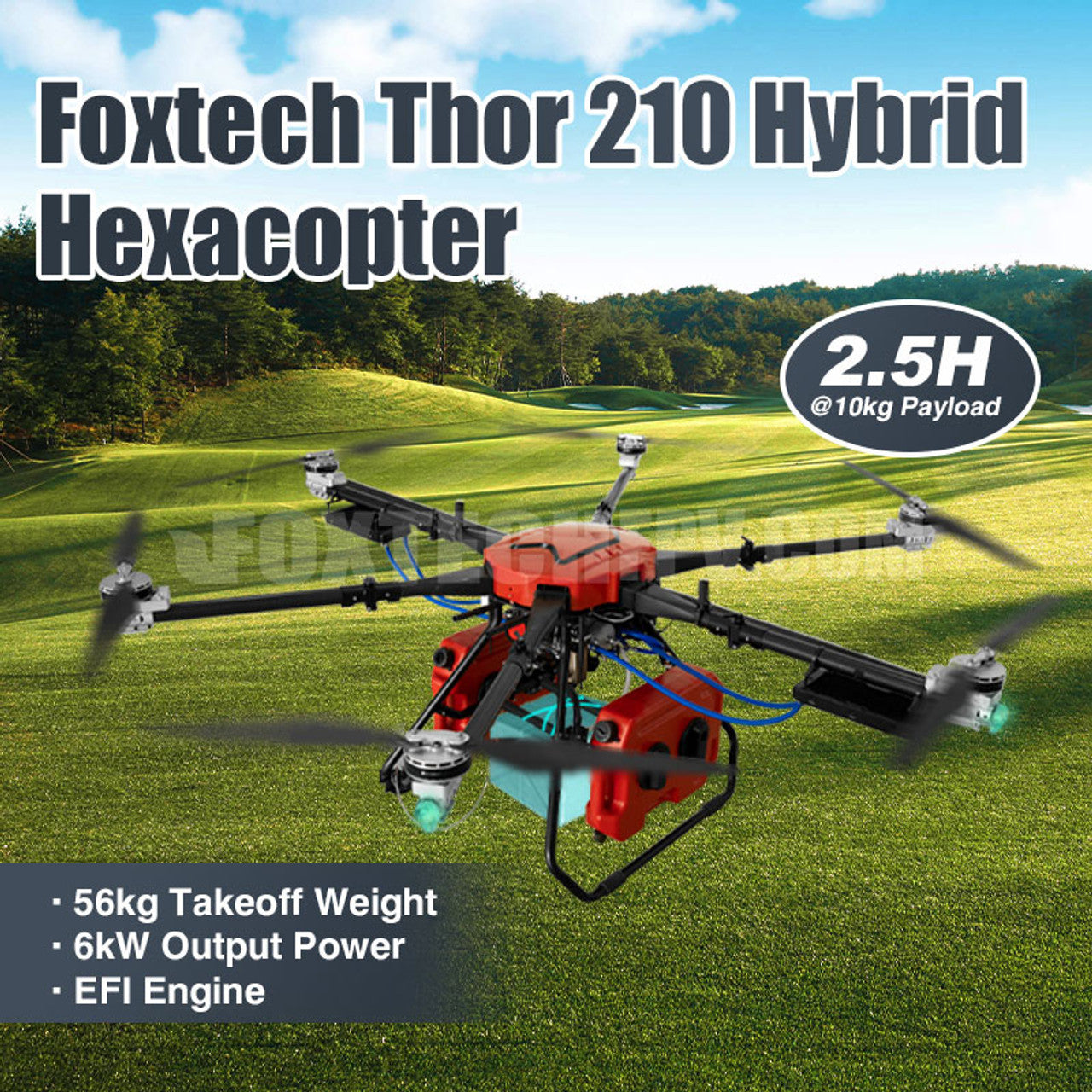 Foxtech Thor 210 Hybrid Hexacopter, Industrial drone with a takeoff weight of 56kg and an effective payload capacity of 10kg.