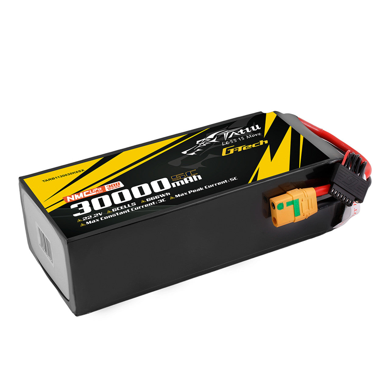 Tattu G-Tech 30,000mAh 22.2V 6S1P 5C NMC LiPo battery with XT90S-F connector, 300Wh/kg energy density, 666Wh capacity, supports 3C continuous and 5C peak discharge.