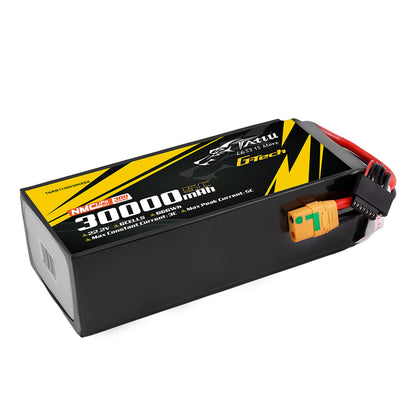 Tattu G-Tech 30,000mAh 22.2V 6S1P 5C NMC LiPo battery with XT90S-F connector, 300Wh/kg energy density, 666Wh capacity, supports 3C continuous and 5C peak discharge.